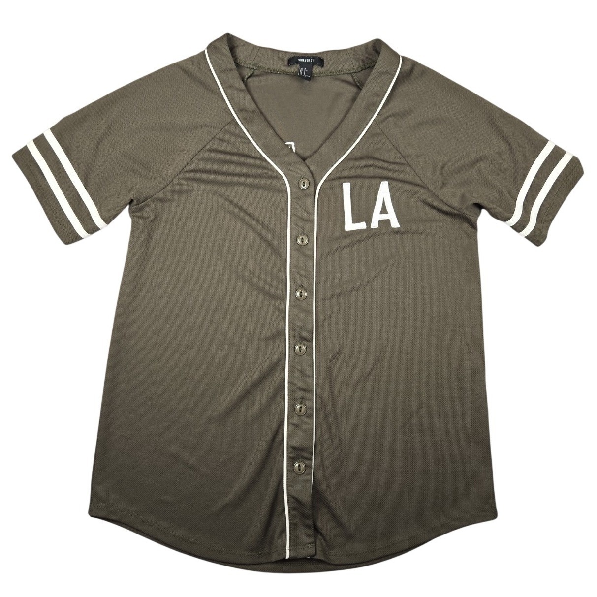 Forever 21 La Baseball Jersey Top Olive Green Women's Size Small